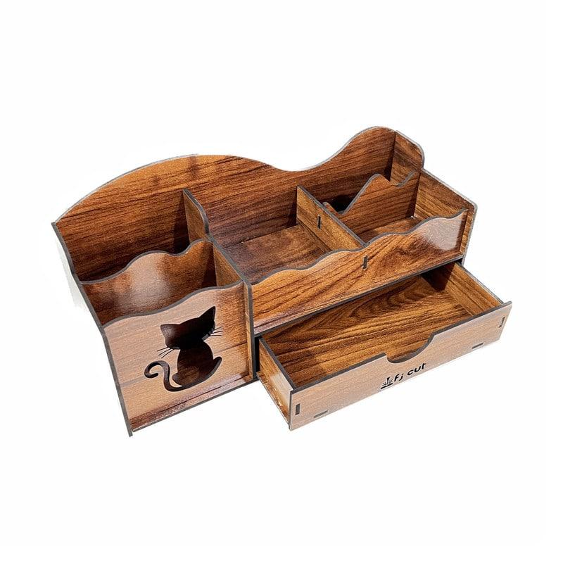 استند لوازم آرایش چوبی رومیزی مدل دخترانه طرح گربه طرح کشویی