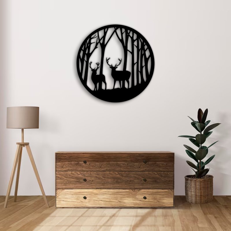 دیوارکوب چوبی طرح گوزن شاخدار و جنگل مدل دایره ای - خرید بی واسطه از کارخانه